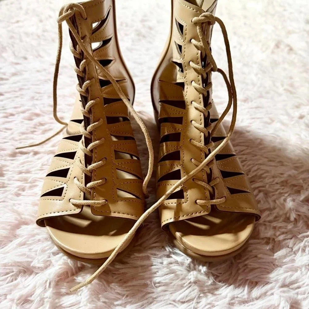 Shinelly Gladiator Lace Up Boho Cutout Peep Toe Shoes Womens 9 Indie Goddess